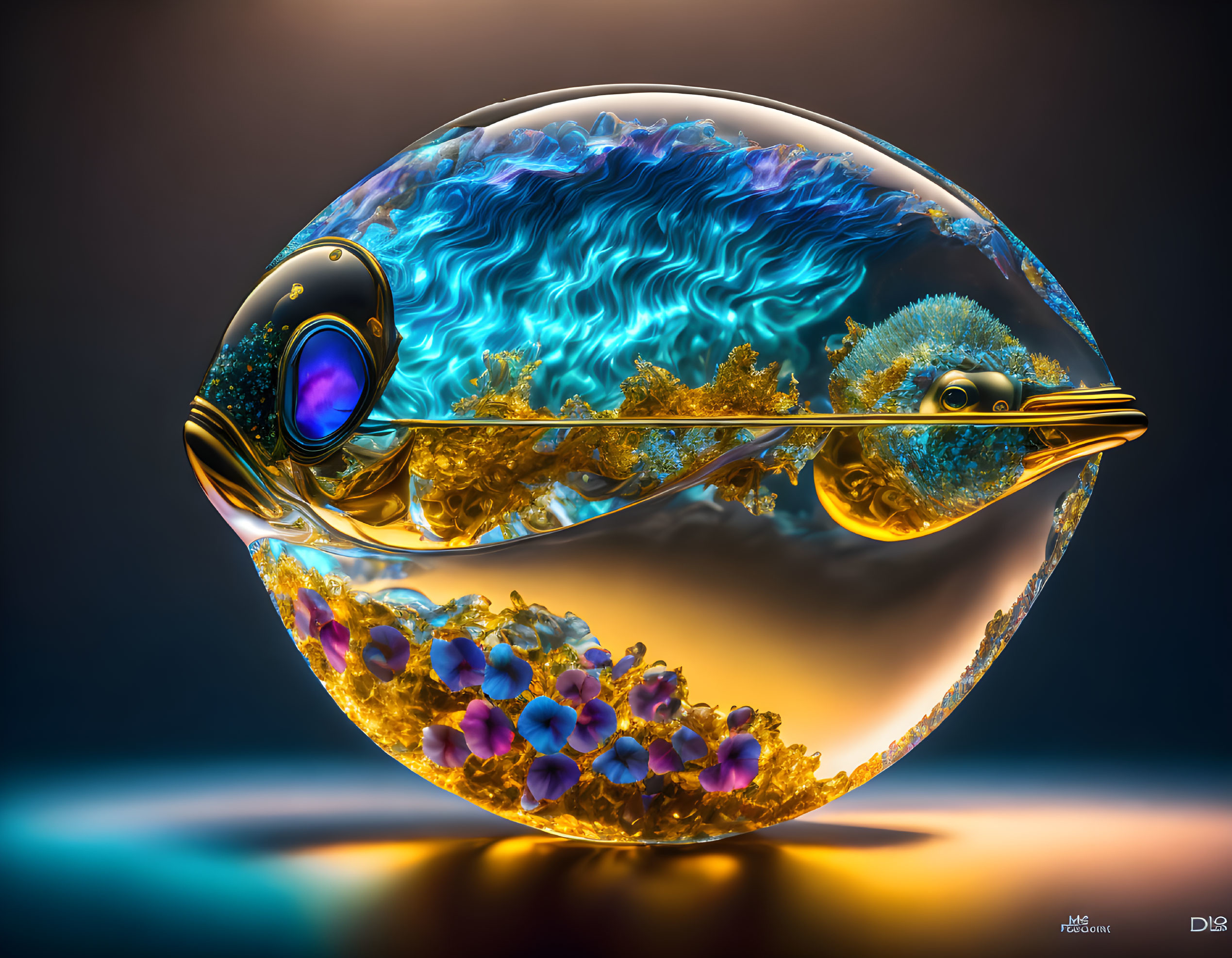 Digital artwork featuring spherical fish design with floral elements and fiery blue wave on gradient background