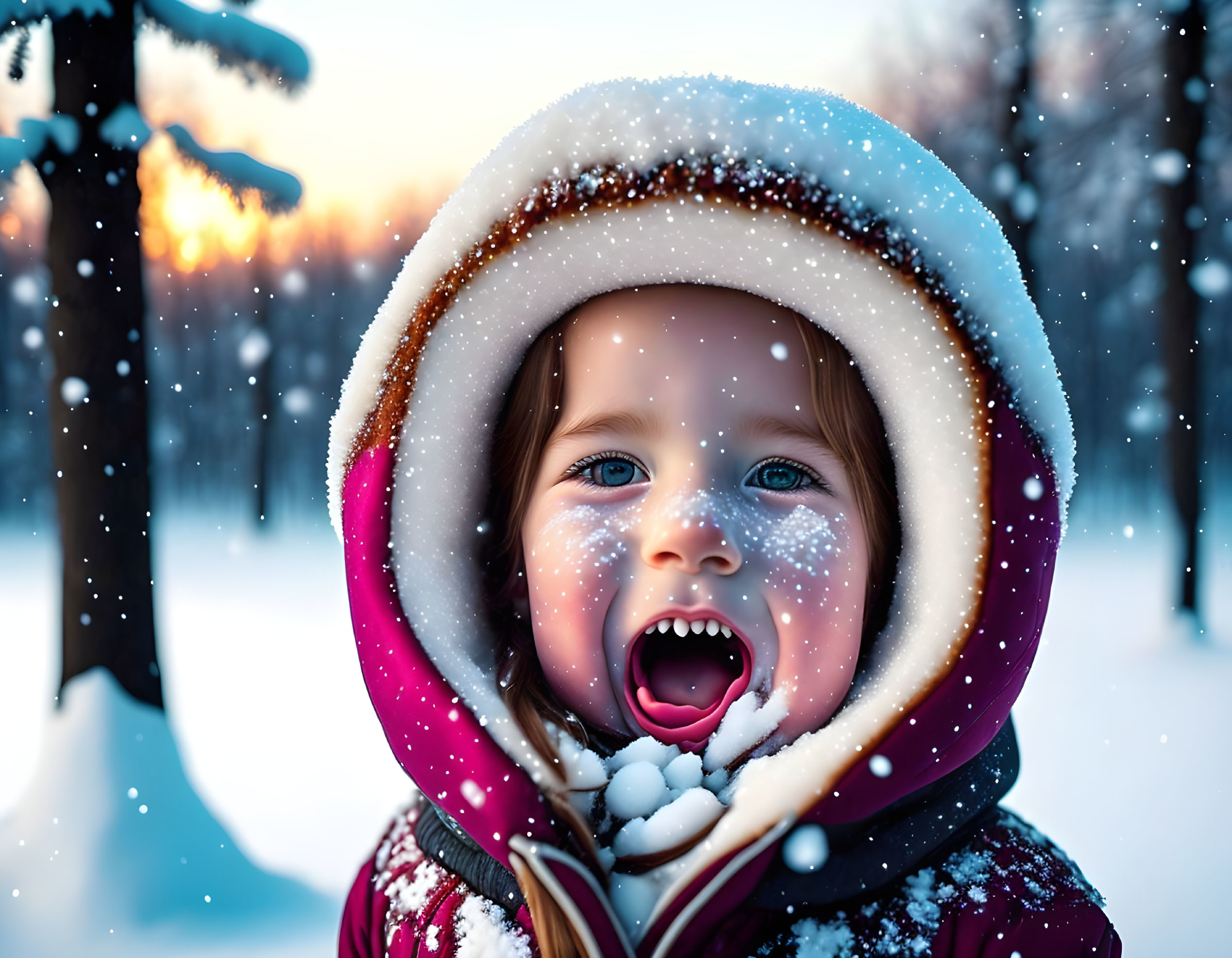 Child laughing in colorful coat in snowy setting