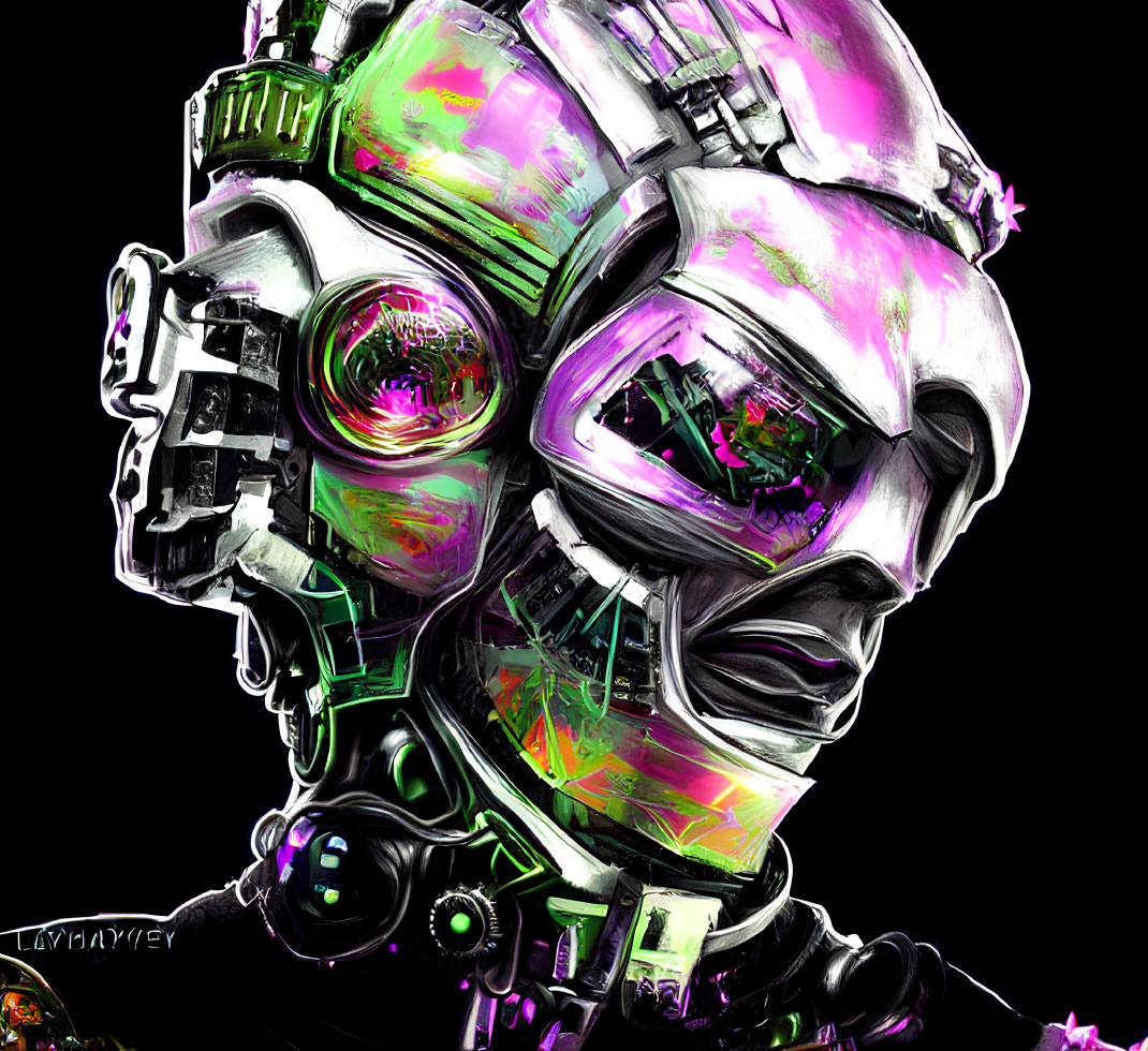 Futuristic robotic head with vibrant colors and neon accents