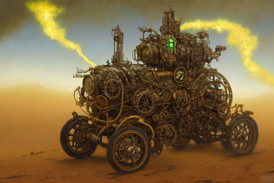 Intricate steampunk desert vehicle with gears and pipes under hazy sky