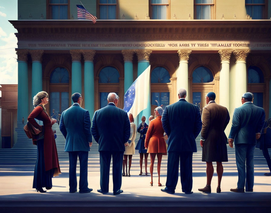 Elegantly Dressed Group Observing Flag Outside Classic Building