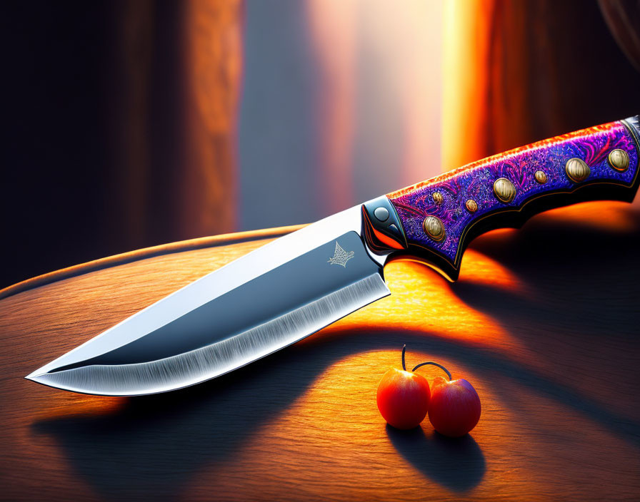 Decorative purple handle knife and red tomatoes on wooden surface under warm light