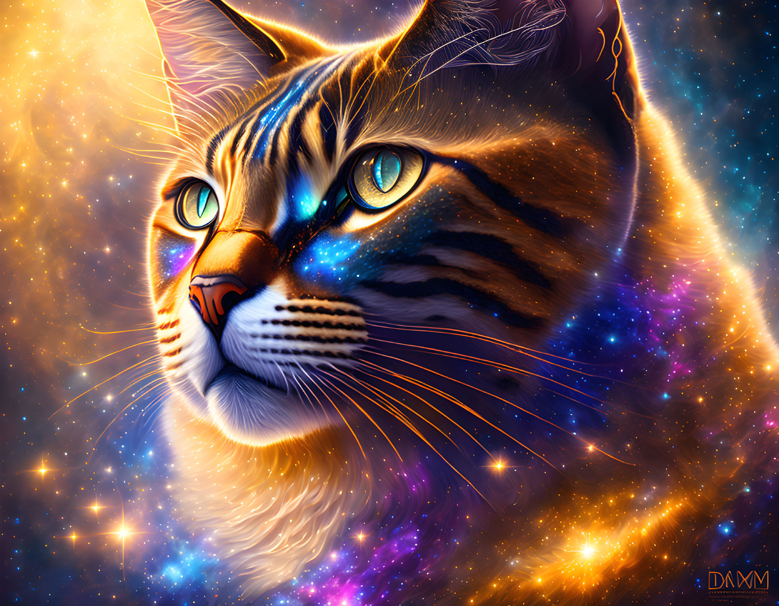 Colorful Cat Digital Artwork with Cosmic Background