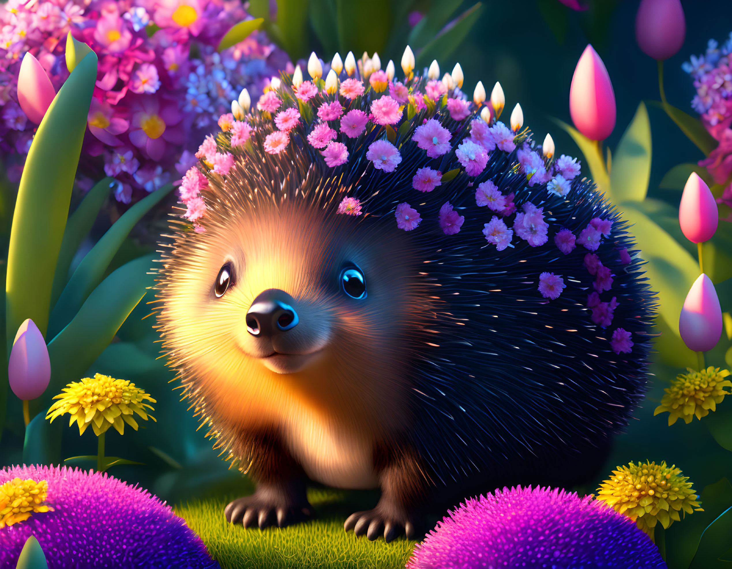 Smiling hedgehog with flowers, vibrant plants, soft lighting