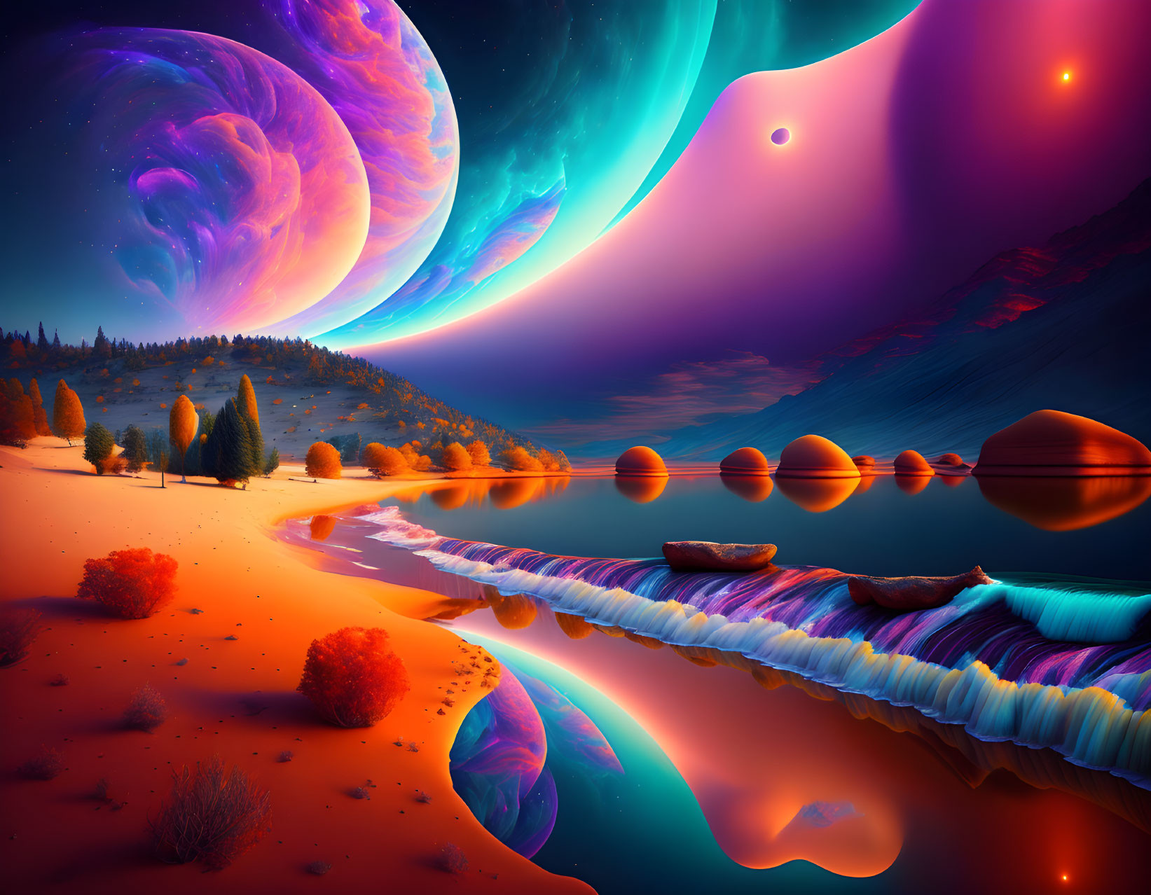 Vivid sci-fi landscape: orange beach, reflective water, alien trees, colossal planets