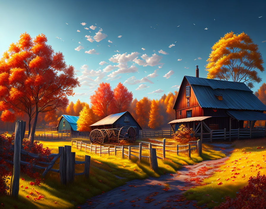 Vibrant autumn foliage with rustic house, barn, and hay wheel under clear blue sky