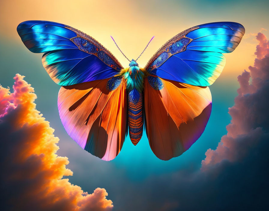 Colorful Butterfly with Blue and Orange Wings in Sunset Sky