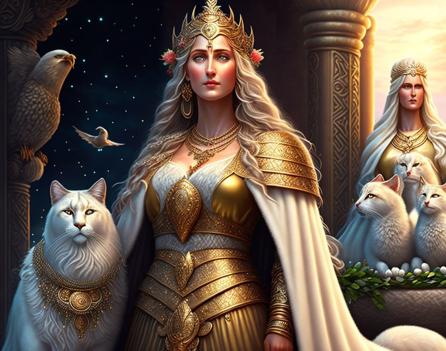 Illustrated queen in golden armor with lions and eagles on night sky background