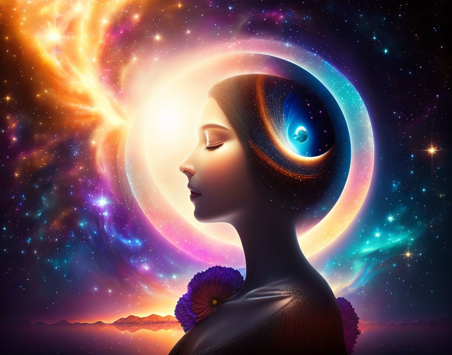 Profile of woman with cosmic scene and swirling stars in mind against bright sun and starry space