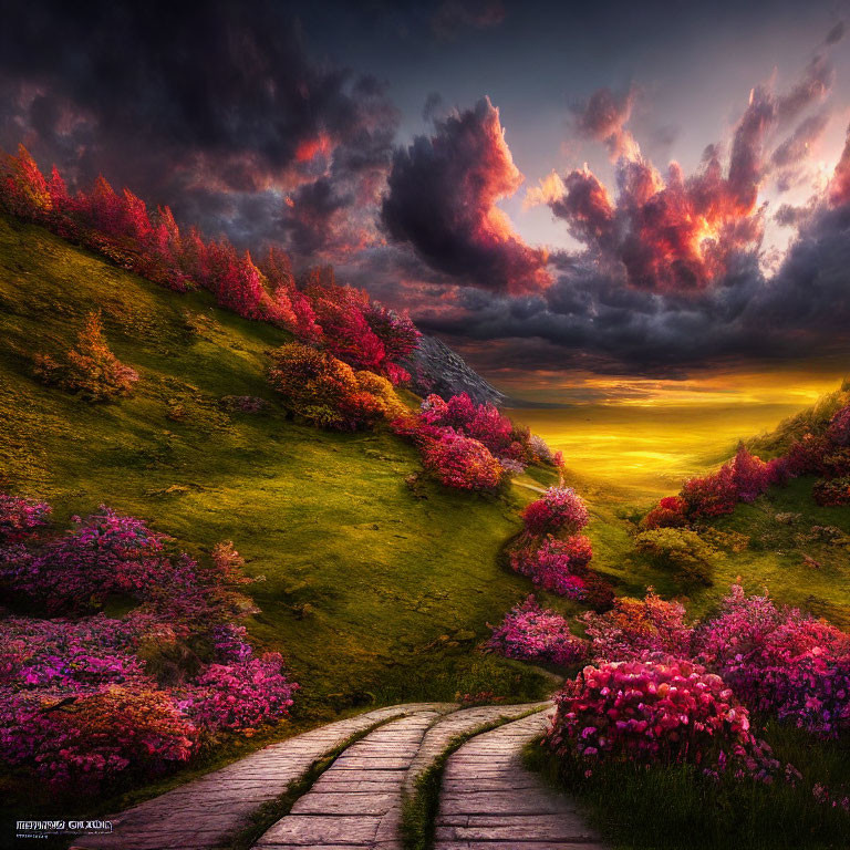 Cobblestone Path in Vibrant Landscape with Pink Flowering Trees