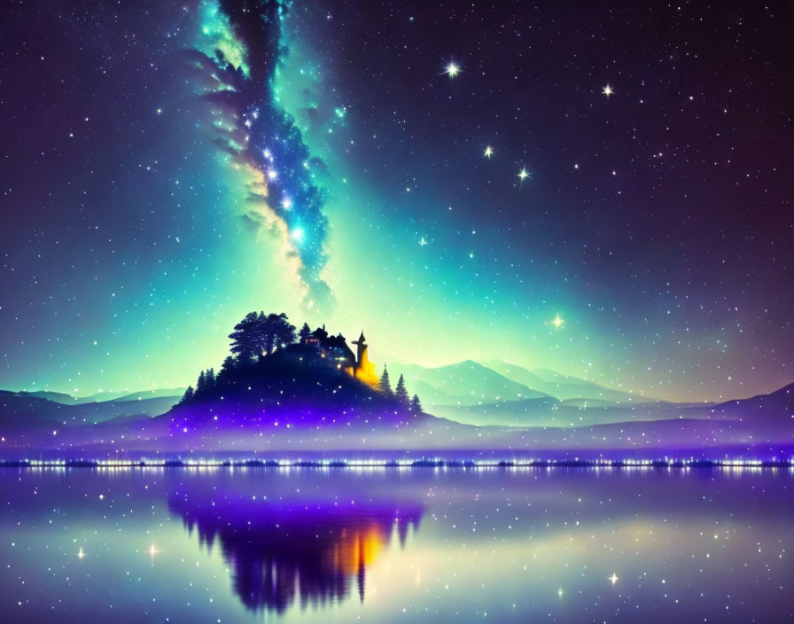 Vibrant galaxy above silhouetted castle on hilltop by tranquil lake