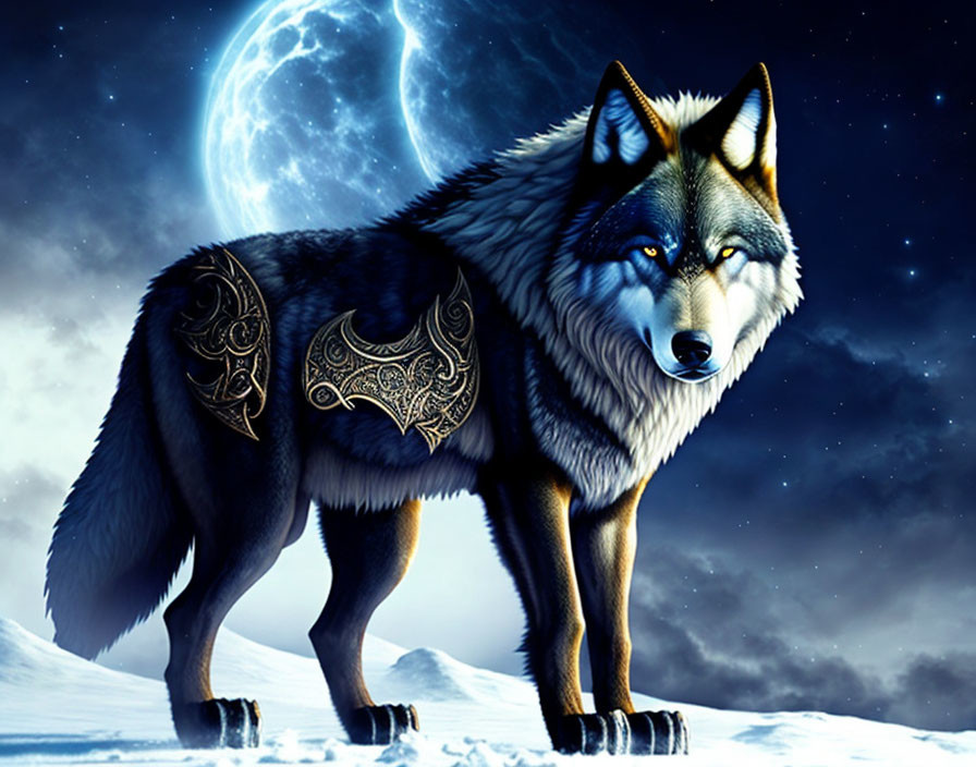 Digitally Enhanced Wolf with Intricate Fur Patterns in Snowy Moonlit Landscape