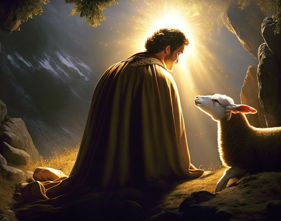 Illustration of cloaked figure kneeling before lamb in radiant light