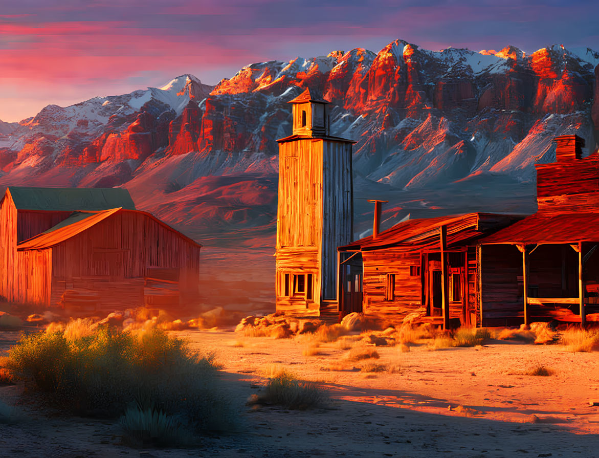 Deserted Old Western Town at Sunset with Wooden Buildings and Red Mountains