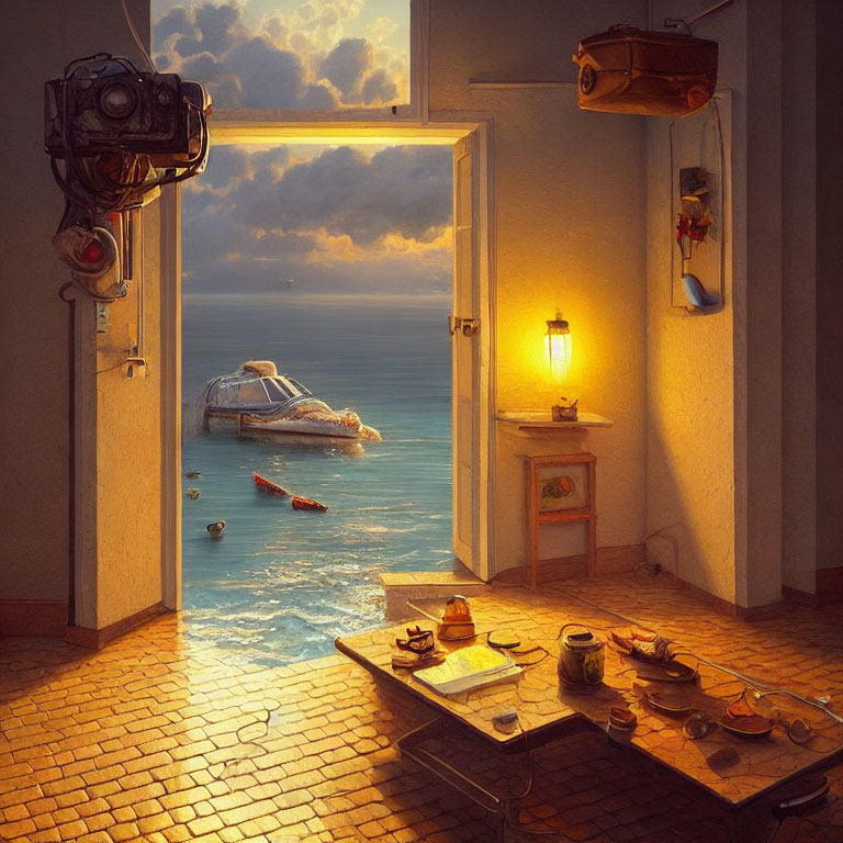 Surreal room with ocean view, floating boat and car, tea table, lamp, and cameras