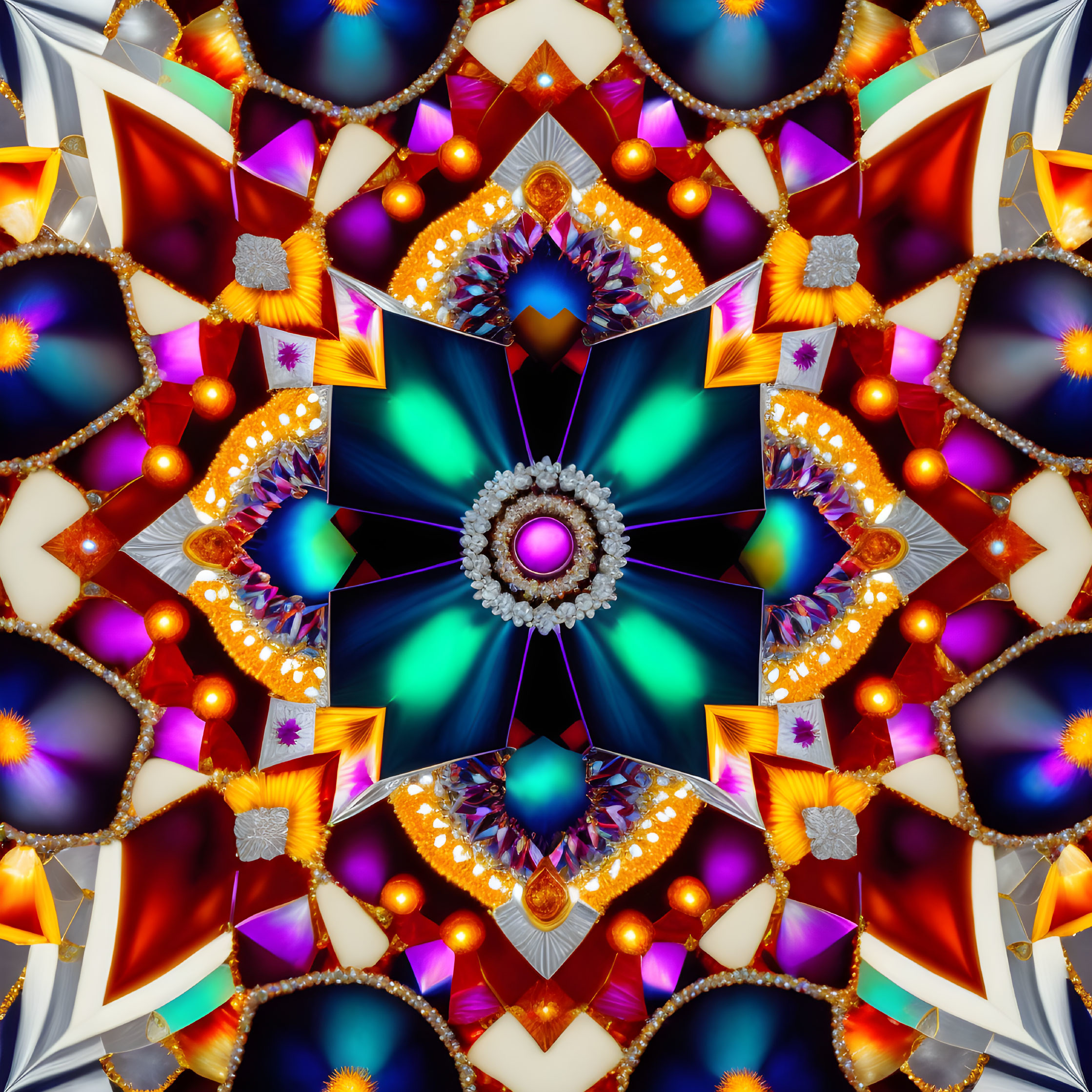 Colorful Symmetrical Kaleidoscope Pattern in Blue, Purple, Orange, and White