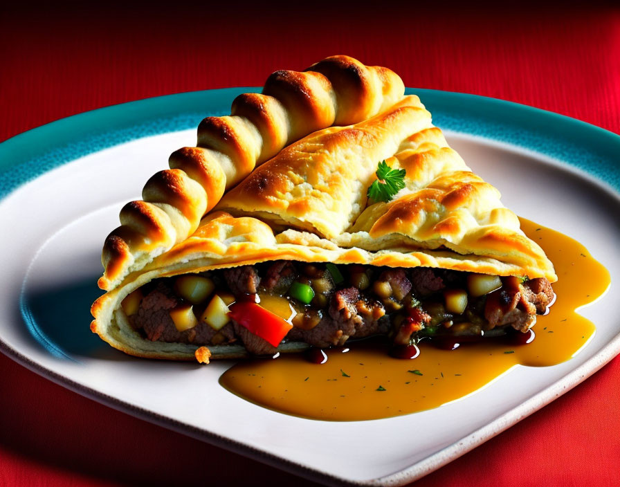 Savory braided crust pastry with seasoned meat and vegetables on white plate