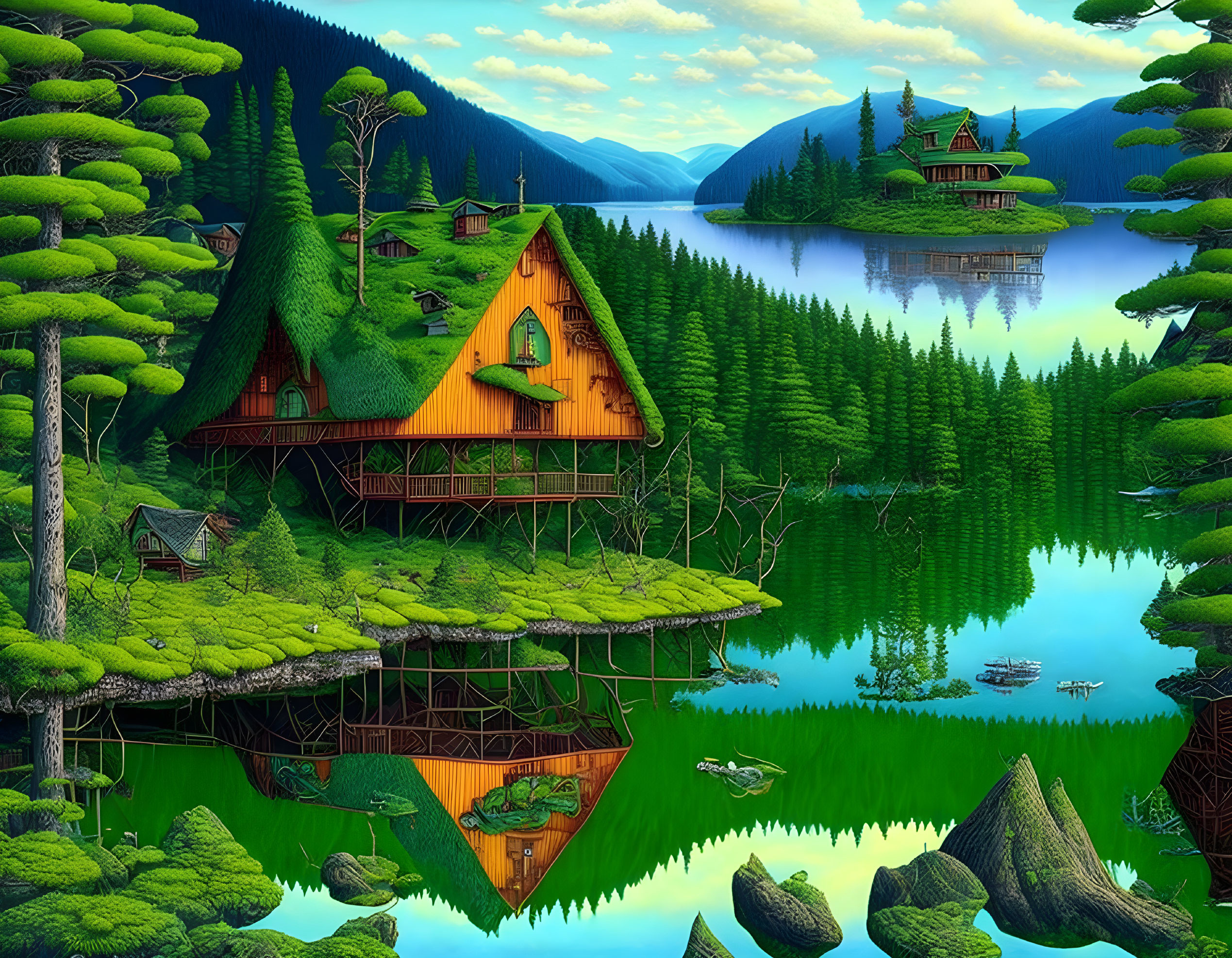 Colorful forest scene with treehouses reflected in lake