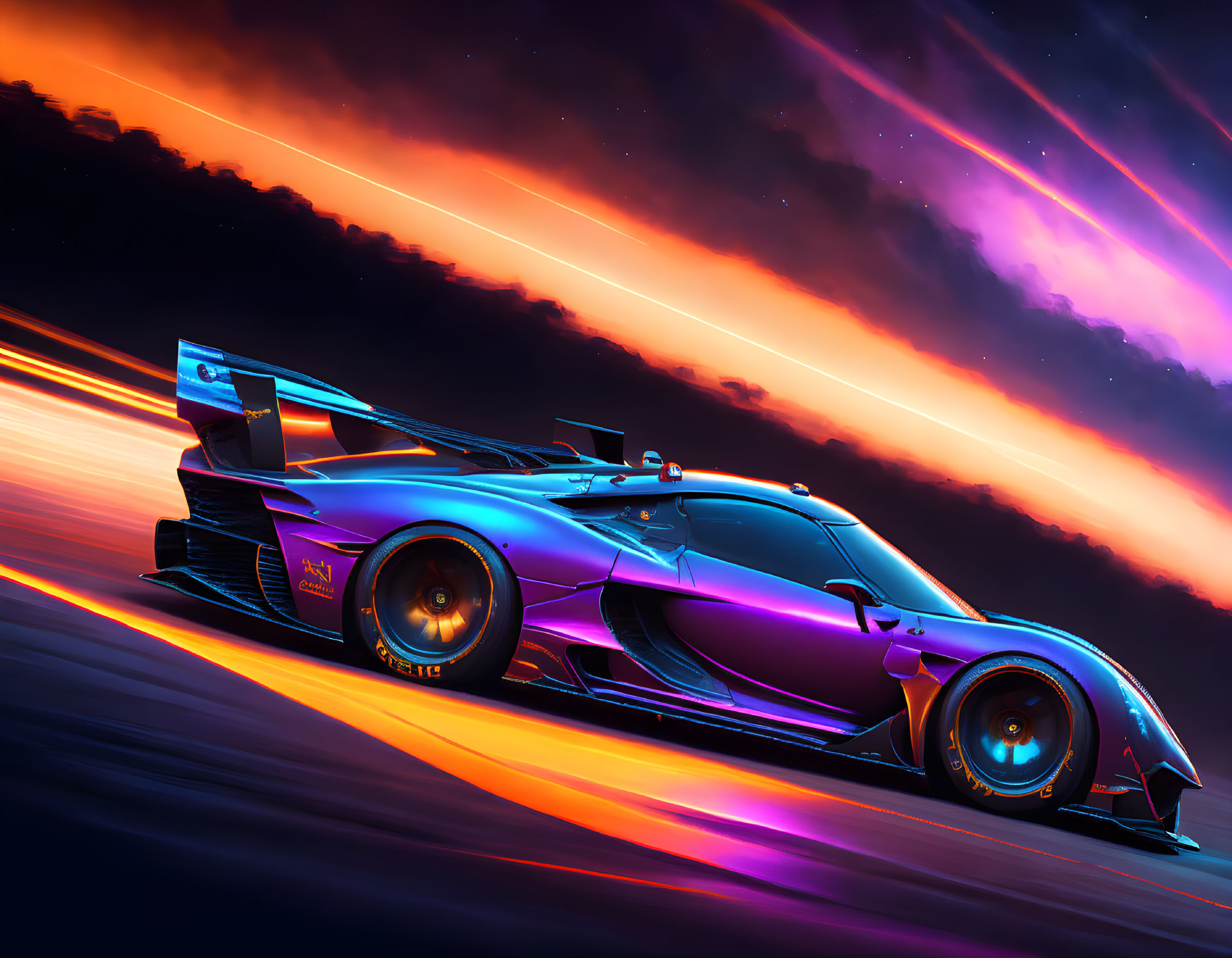 Futuristic racing car in purple and blue on neon-lit background