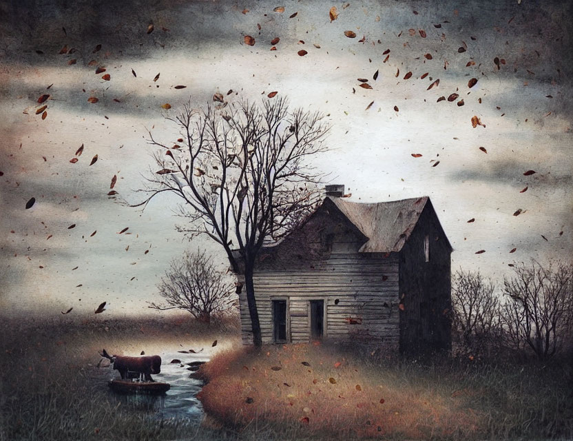 Abandoned house in desolate landscape with leafless trees