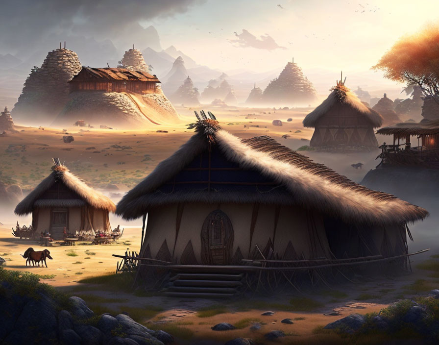 Serene village with thatched huts, horses, mystical mountains, hazily lit sky