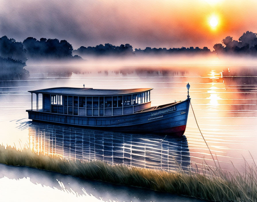 Tranquil watercolor artwork: boat on misty lake at sunrise