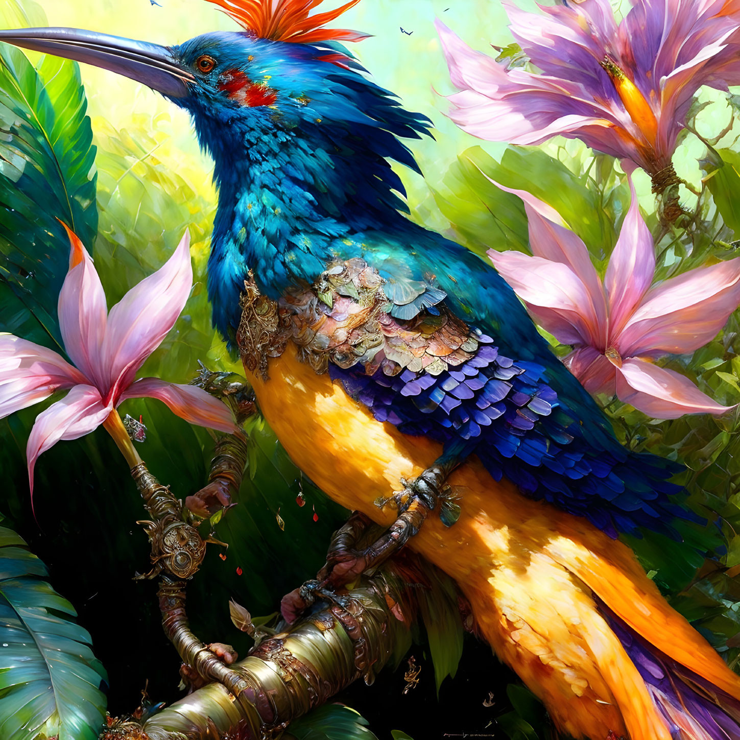 Mythical bird with blue and orange plumage perched on branch amidst colorful flowers