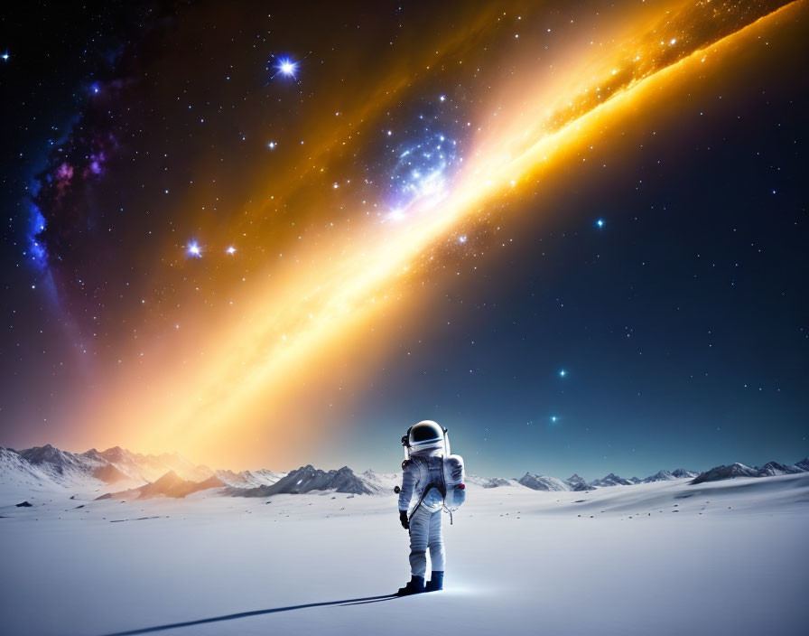 Astronaut on snowy landscape under vibrant cosmic sky