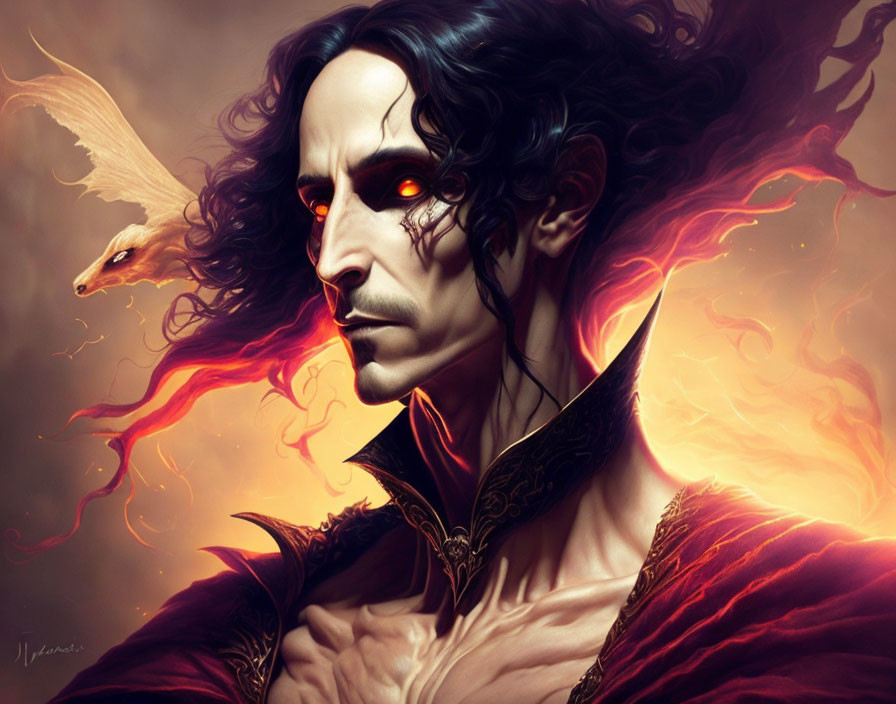 Dark-haired male figure with glowing red eyes in red cloak beside fiery ethereal serpent