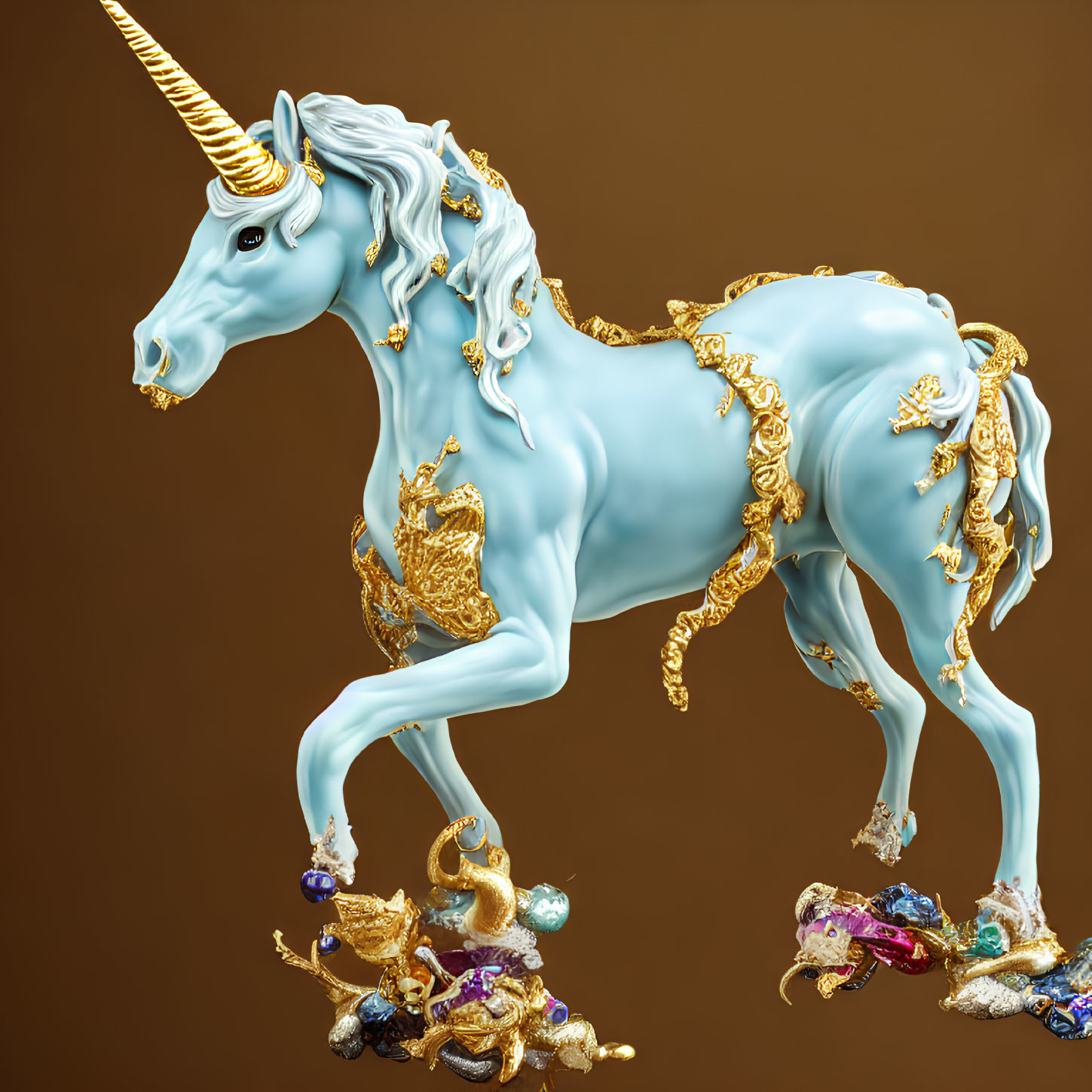 Majestic light blue unicorn with gold adornments on brown background