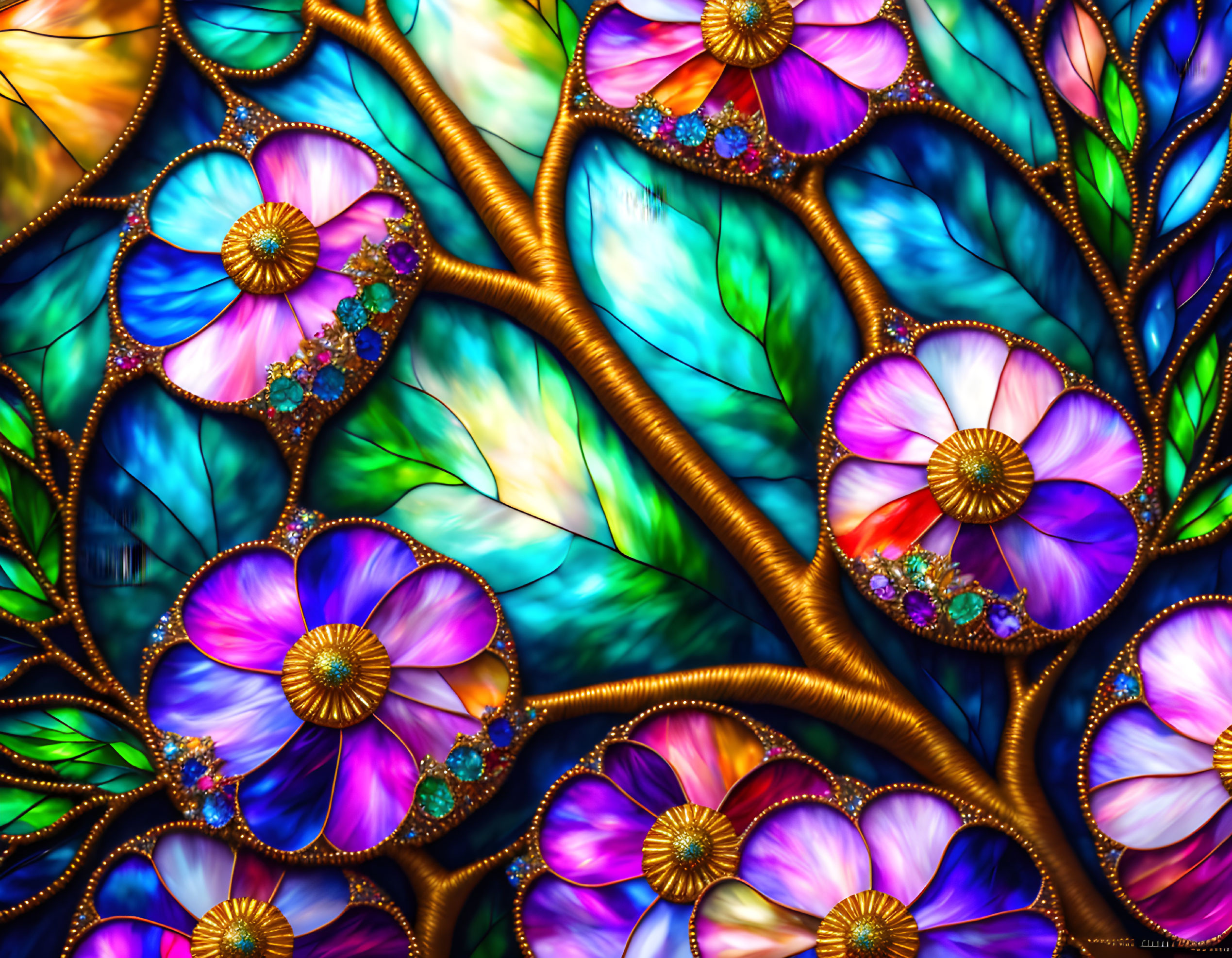 Colorful Flower Stained Glass Illustration with Intricate Patterns