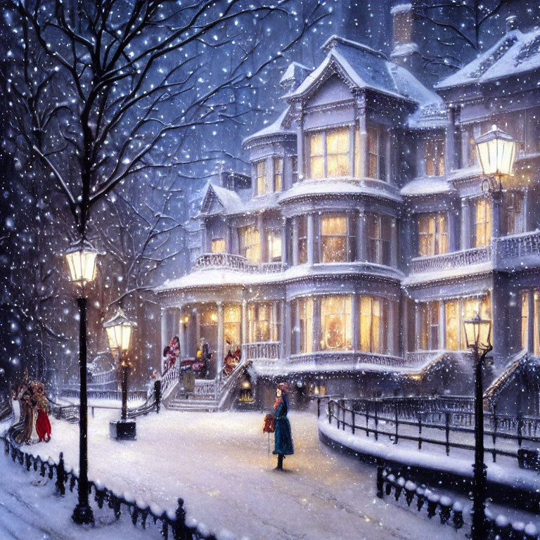 Victorian-style houses with festive lights in snowy evening scene