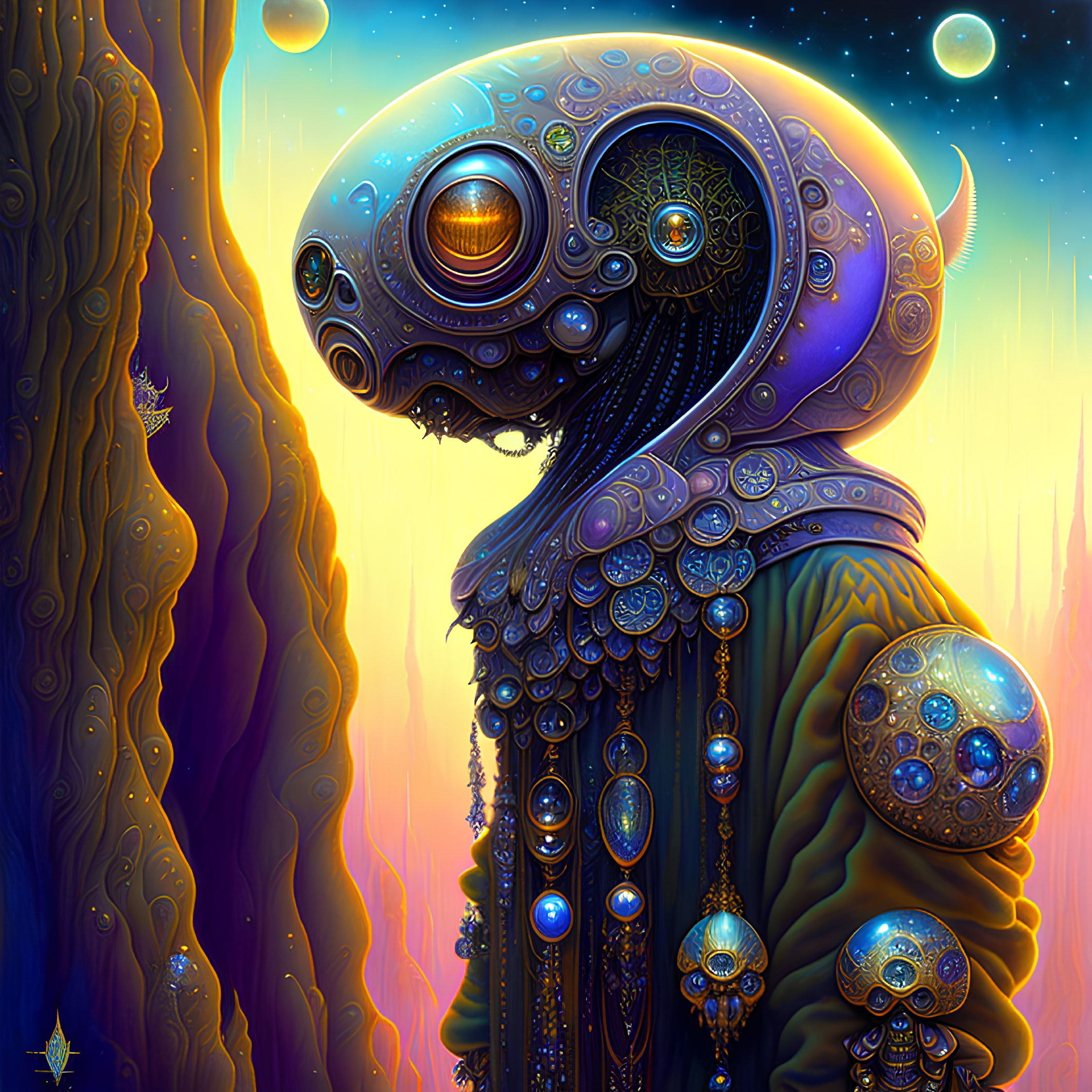 Intricate Alien Figure with Ornate Headpiece in Fantastical Setting