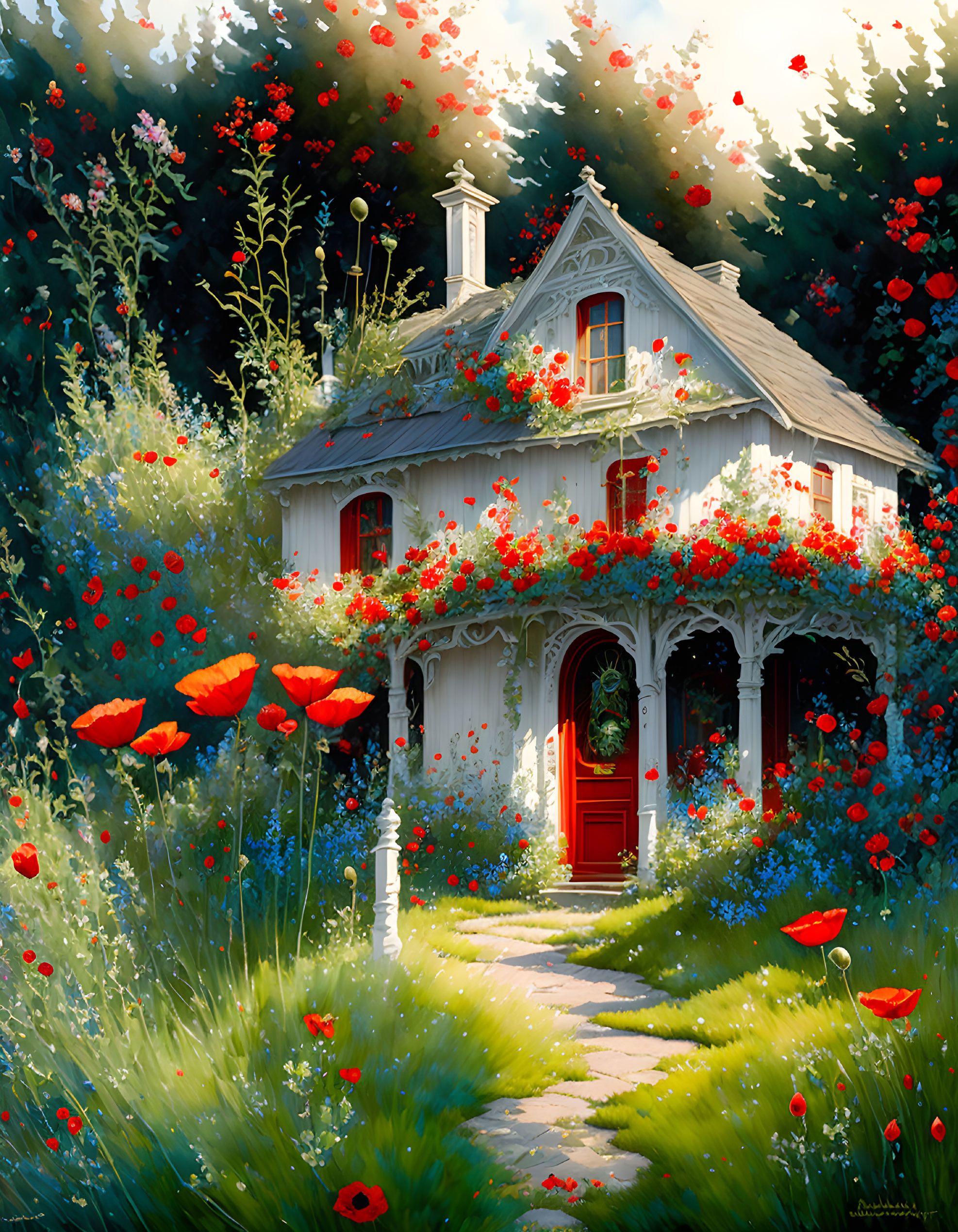 White cottage with red flowers in lush garden under sunny light