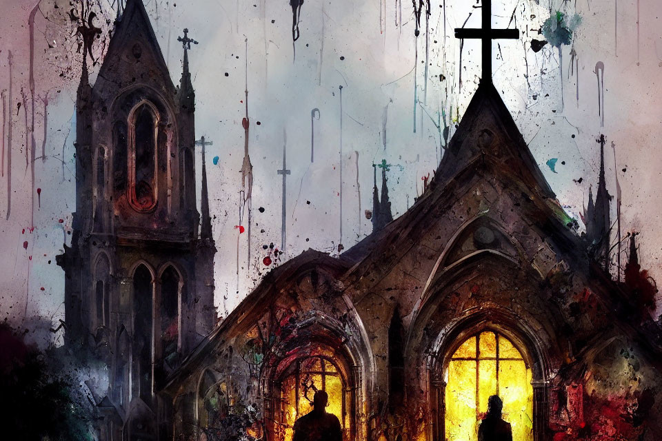 Abstract watercolor painting of gothic church with warm glow and dynamic splatters.