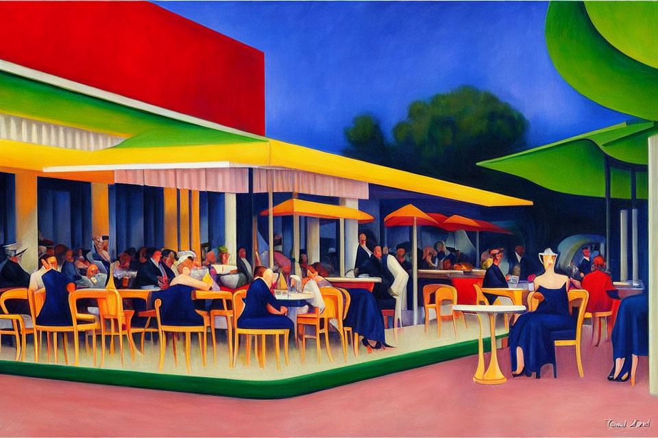 Vibrant outdoor café scene with colorful patrons and abstract architecture