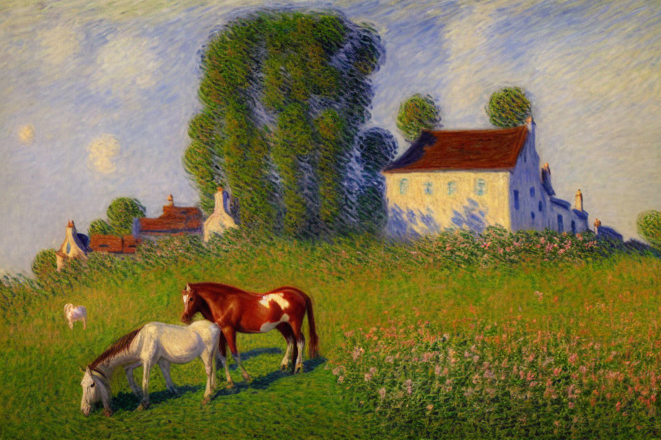 Vibrant field with grazing horses, meadow, tree, cottage, blue sky