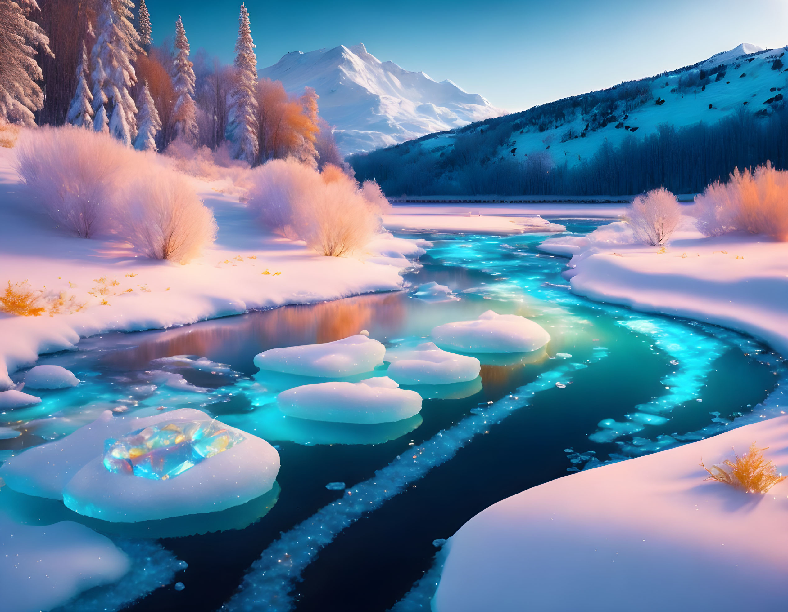 Snow-covered River Banks in Serene Winter Landscape