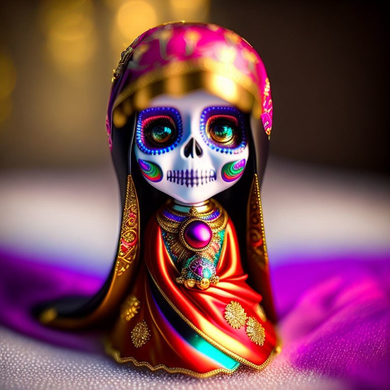 Colorful Day of the Dead-style skeletal figurine with vibrant headscarf and robe.