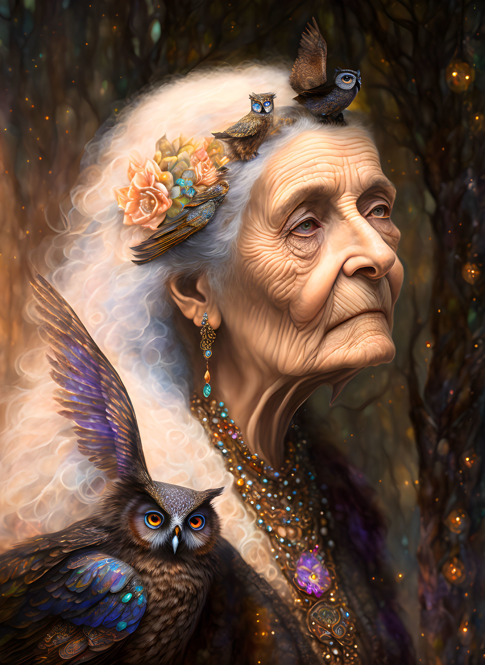 Elderly woman with white hair, flowers, owls, and jewelry gazes pensively.