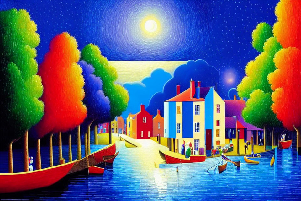Vibrant village painting: colorful river scene at night