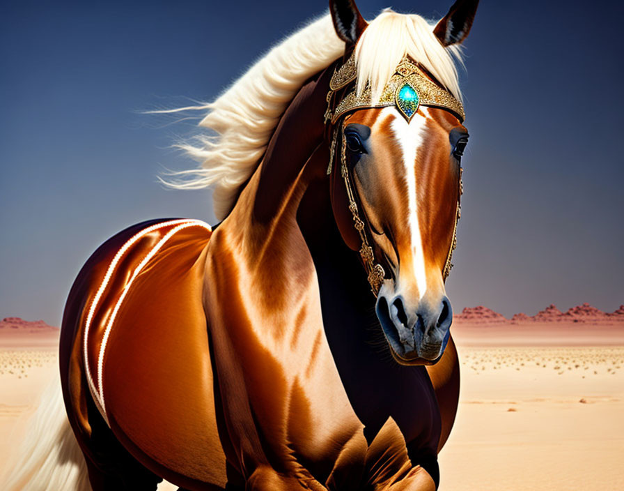 Majestic chestnut horse with blonde mane in desert landscape