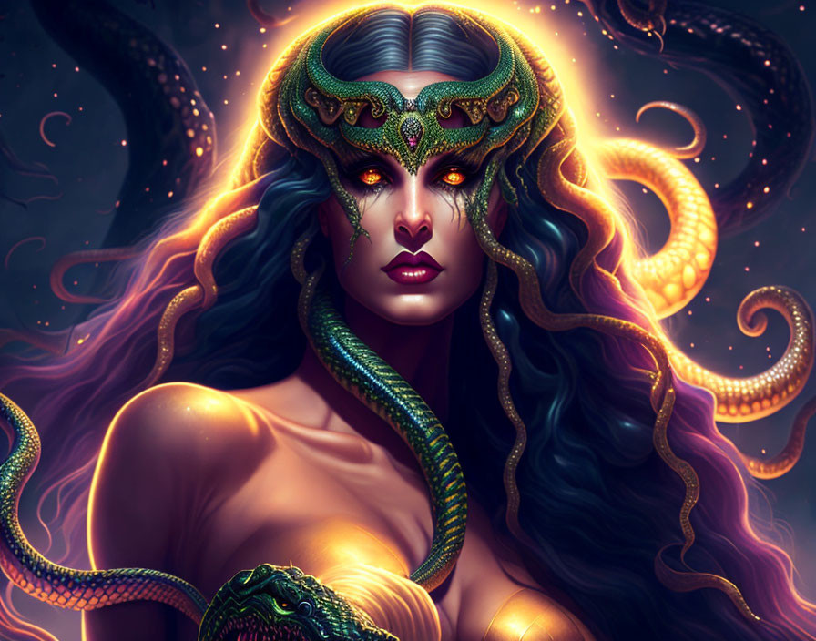 Fantasy illustration of a Medusa-like woman with snakes in her hair and jeweled headdress