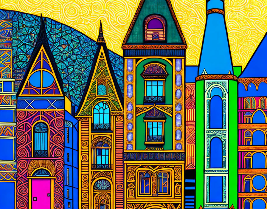 Whimsical illustration of colorful stylized houses on patterned background