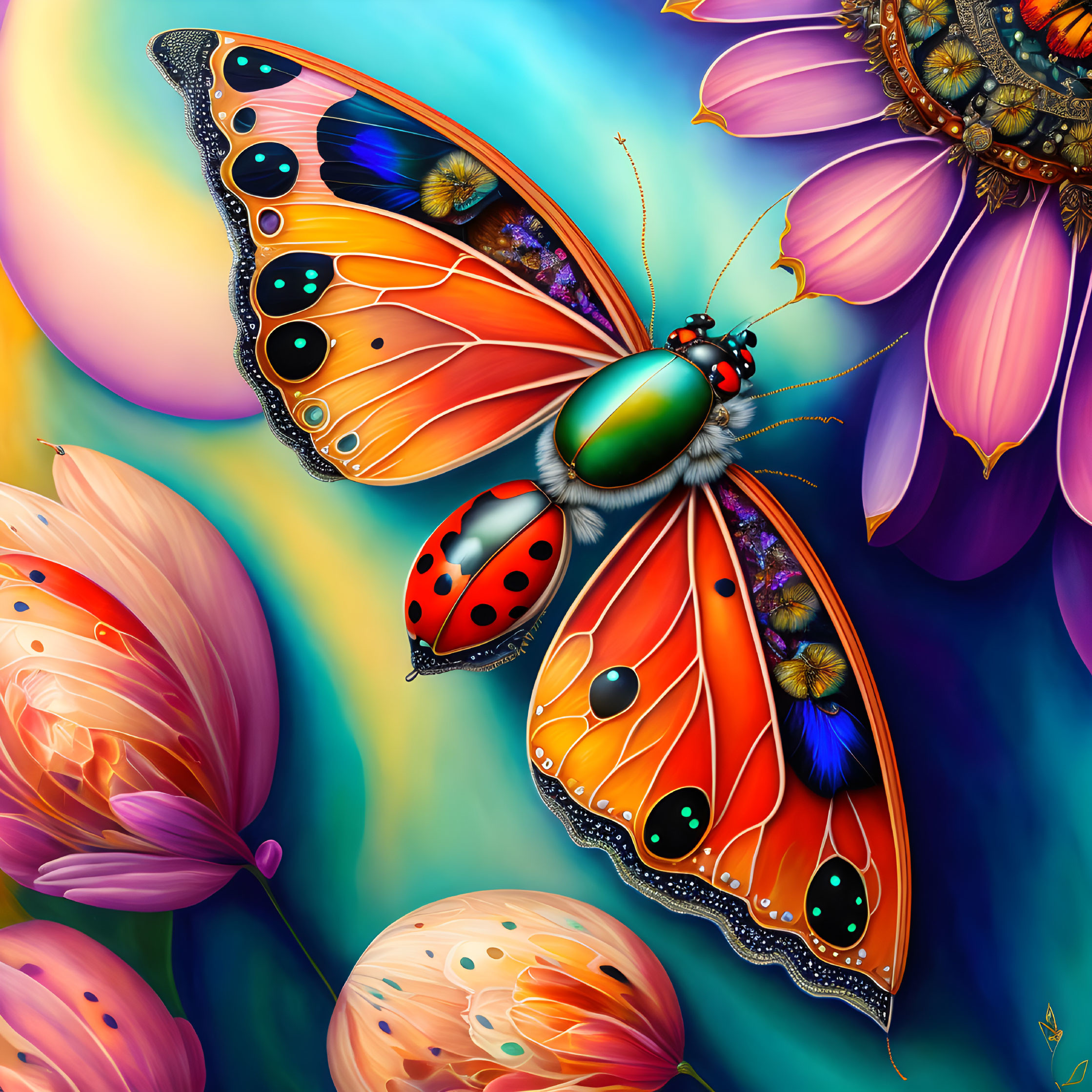 Colorful Butterfly and Ladybug on Flowers in Intricate Digital Illustration