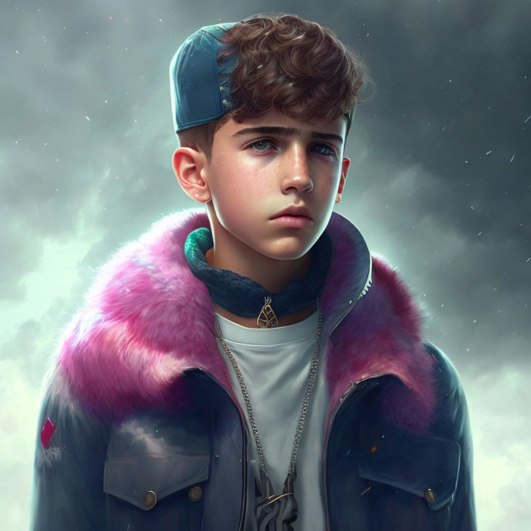 Young boy with curly hair in cap and headphones, fur-collared jacket, pendant, against cloudy