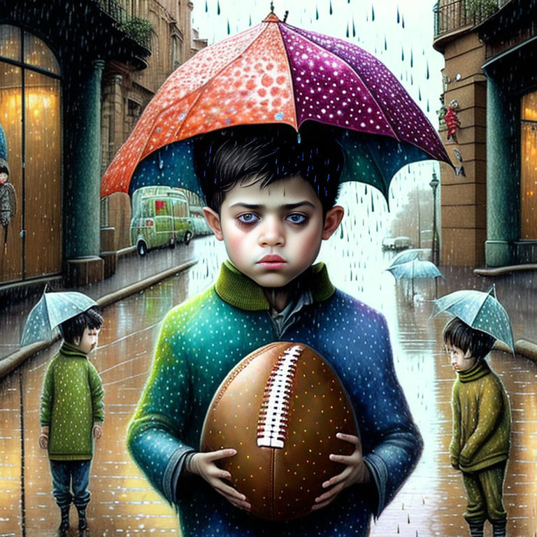 Digital artwork of child with oversized head holding football in rain with people and umbrellas in background