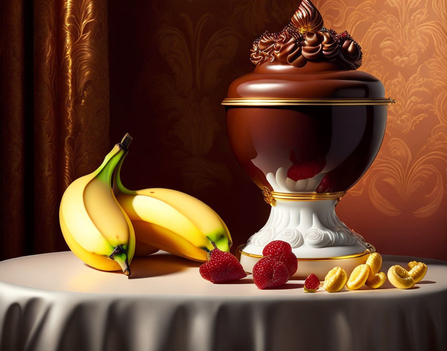 Luxurious still life with bananas, strawberries, nuts, and chocolate dessert on table.