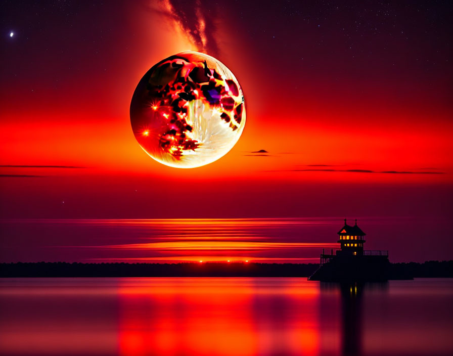 Fantastical moon over serene lake with lighthouse silhouette