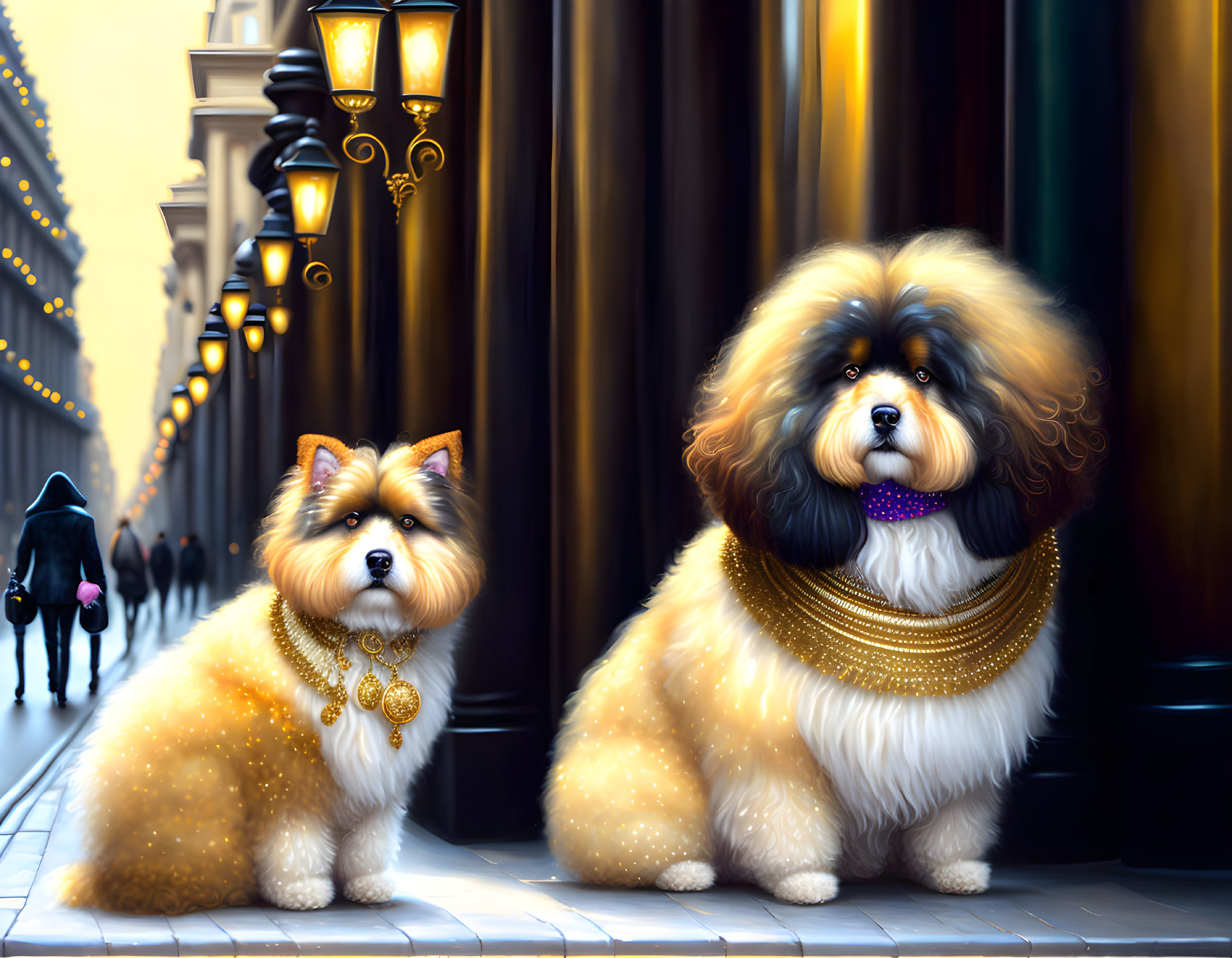 Ornately groomed dogs with gold accessories on city street